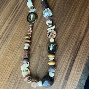 Vintage African Carved CHUNKY Boho Wooden Bead Bone Animal elephant necklace
